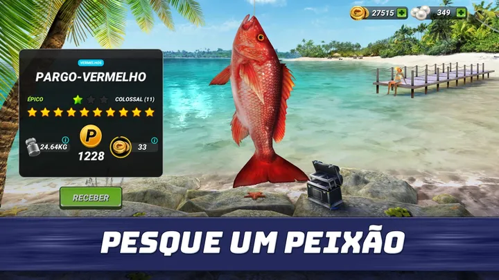 Imagem promocional oficial do jogo Fishing Clash: peixe vermelho acabado de pescar numa praia tropical