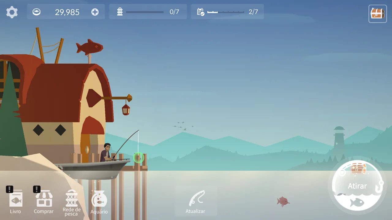 Imagem oficial do jogo Fishing Life: pescador num barco junto a uma casa, com o mar calmo ao fundo