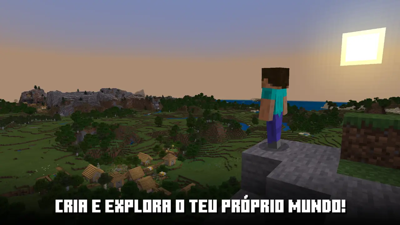 Cenário de um mundo aberto de blocos com floresta ao pôr do sol